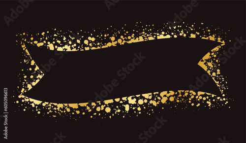 Abstract Gold Ink Splatter Ribbon Banner Frame. Golden foil spray banner border template.