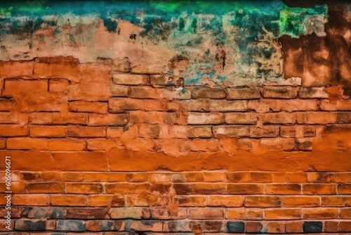 brick wall with green and yellow paint splatters Generative AI