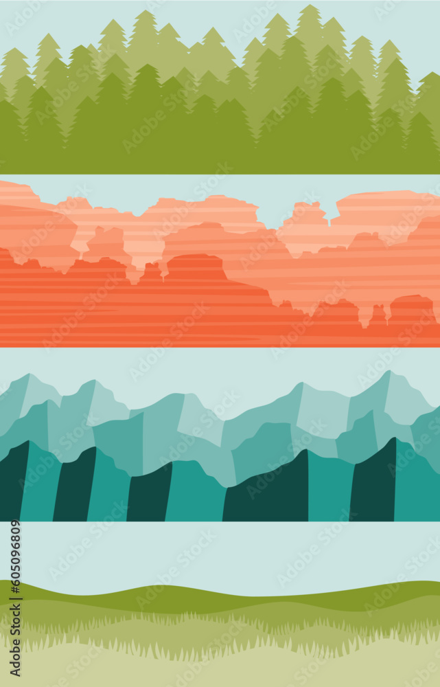 American landscape flat color header, footer, or decoration (mountain, forest, prairie and desert red rocks)