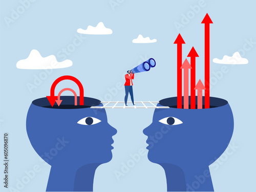 Visionary concept ,businessman holding huge tourists businessman holding huge  binocular to see different growth mindset and fixed mindset thinking on head discovery ,opportunity, challenge concept ve