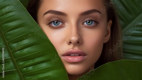 Gorgeous woman with greenery on her body and face. girl's face in closeup with a green leaf. Beautiful girl wearing brown cosmetics and a skin care and beauty treatment idea. GENERATE AI..