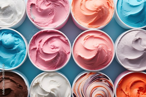 Top down view of ice cream with colorful background using generative AI