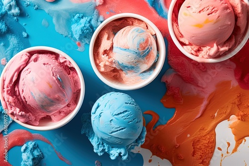 Closeup of yummy and cold ice cream scoops with colorful background using generative AI