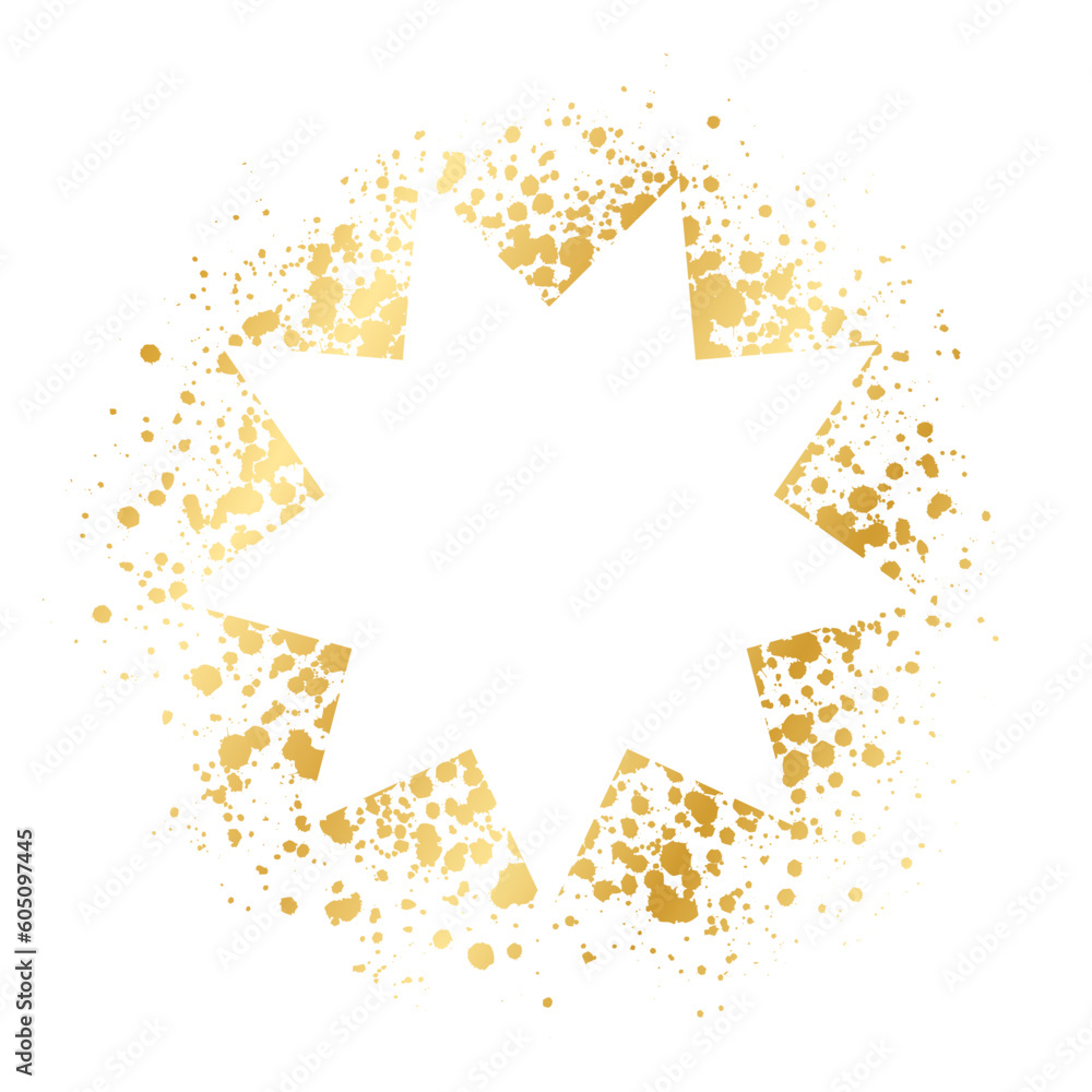 Fototapeta premium Abstract explosion shape gold ink splatter frame. Golden paint spray graffiti stencil border template.
