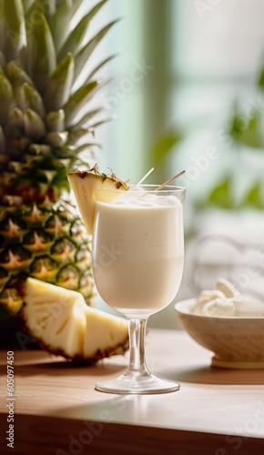 well presented Piña colada cocktail on wood table kitchen as background created with Generative AI technology 