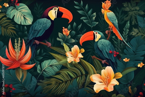 Tropical wallpaper with plants and birds background, forest