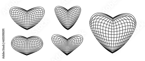 Wireframe heart shapes set. Grid design element. Love and romantic or cardiology concept for posters, templates, flyers, banners. Vector bundle 