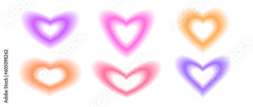 Y2k heart shape set. Trendy blurry aura collection. Blurred gradient elements for logo, templates, badges, stickers. Vector pack