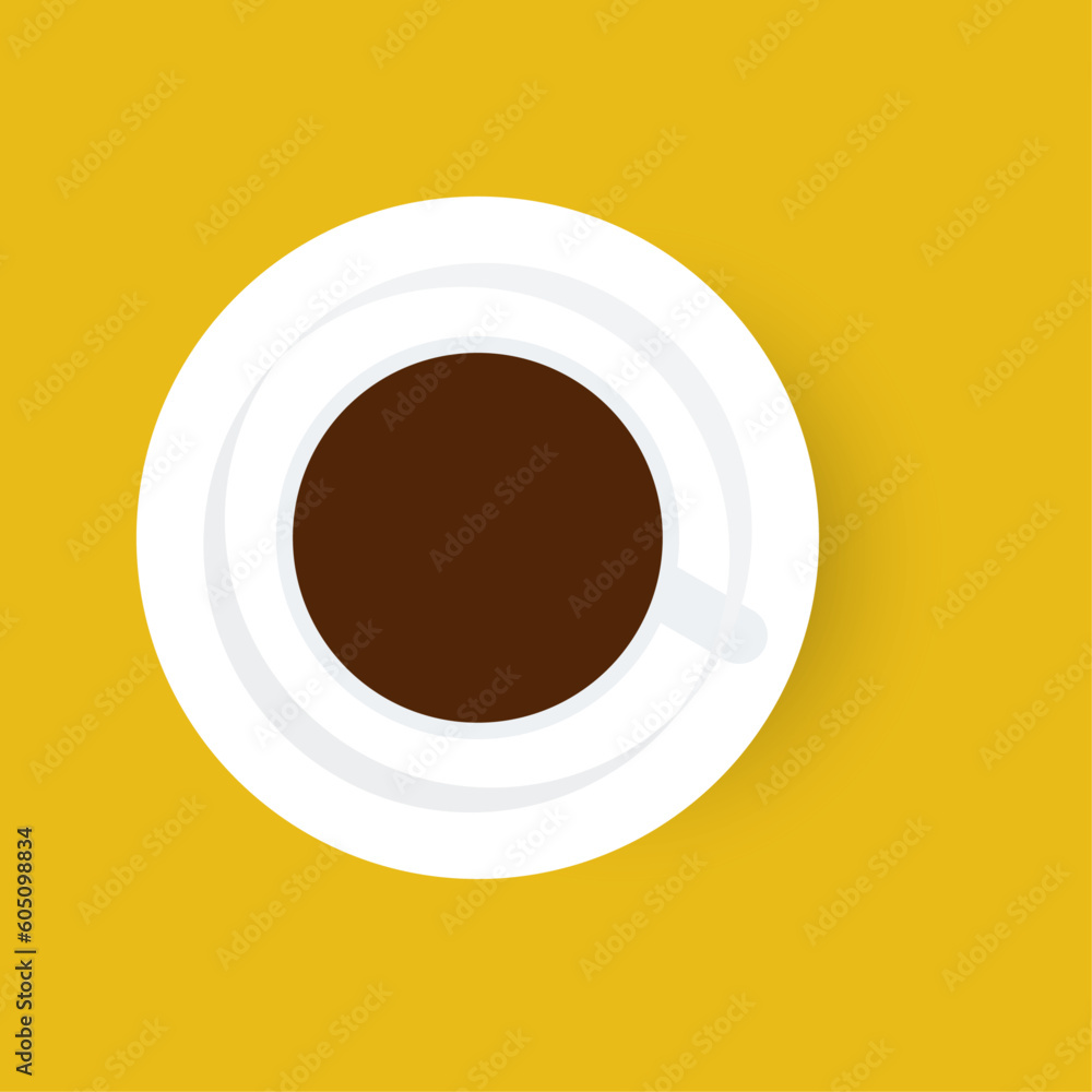 Coffee cup with close-up top view on yellow background