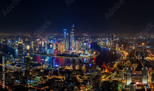 Photography Aerial view of city skyline and modern buildings in Shanghai at night, China