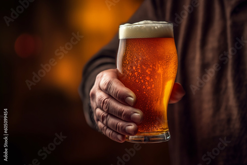 A man holding a glass of cold beer