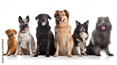 a group of various dog breeds, with happy dispositions, healthy-looking, best friend, Pet-themed, horizontal format, photorealistic illustrations in a JPG. 10:4 aspect. generative ai