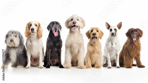 a group of various dog breeds, with happy dispositions, healthy-looking, best friend, Pet-themed, horizontal format, photorealistic illustrations in a JPG. 10:4 aspect. generative ai