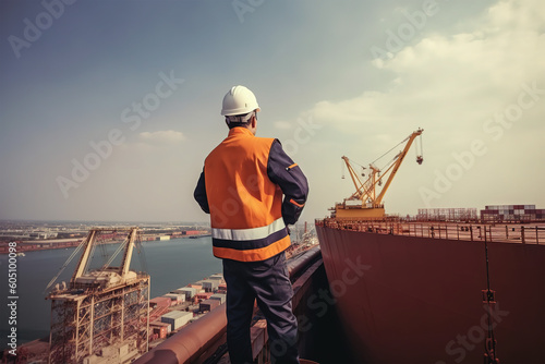 industry with cargo ship engineer worker. photo