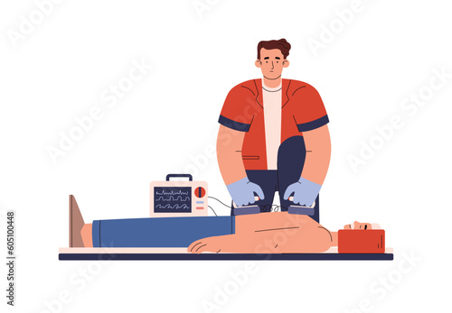 Ambulance service paramedic performing defibrillation, flat vector illustration isolated on white background.
