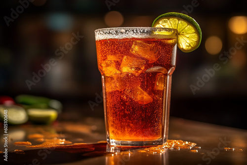 A glass of Michelada cocktail , Mexican drink made with beer, lime juice, assorted sauces, spices, and chili peppers