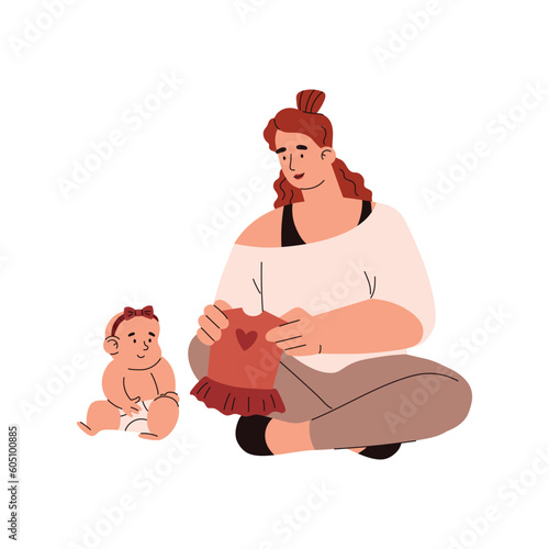 Woman dressing baby in cute dress, flat vector illustration isolated on white background.