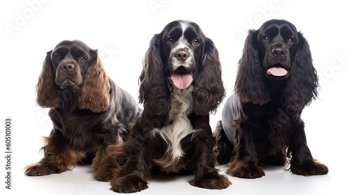 a group of Cocker Spaniels, with happy dispositions, healthy-looking, best friend, Pet-themed, horizontal format, photorealistic illustrations in a JPG. 10:4 aspect. Generative AI