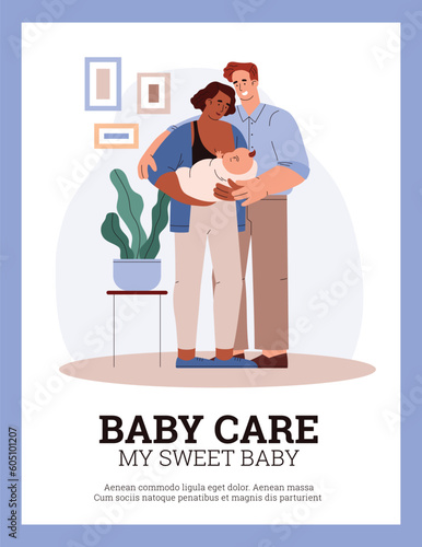 Vector illustration of parents, dark-skinned mom and dad hold the newborn baby in their arms and hug lovingly against of room with plants and photos