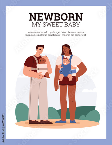 Vector illustration of parents, dark-skinned mom and dad holding babies in sling against the sky and the lawn, on walks in the fresh air