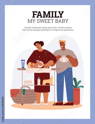Vector hand drawn illustration of parents, mom and dad change baby diapers on a changing table in a cozy room on white background
