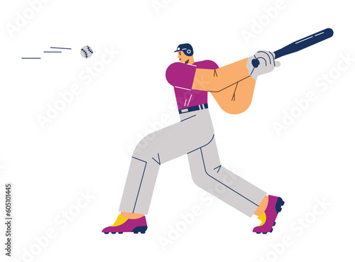 Confident smiling baseball player with bat flat style, vector illustration