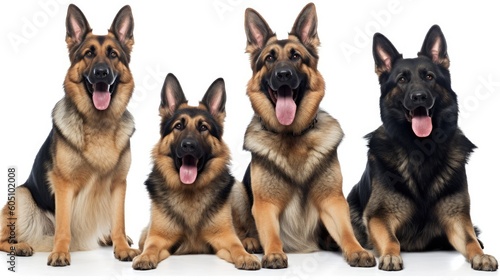 a group of  German Shepards  with happy dispositions  healthy-looking  best friend  Pet-themed  horizontal format  photorealistic illustrations in a JPG. 10 4 aspect. Generative ai