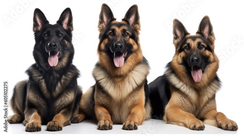 a group of  German Shepards  with happy dispositions  healthy-looking  best friend  Pet-themed  horizontal format  photorealistic illustrations in a JPG. 10 4 aspect. Generative ai