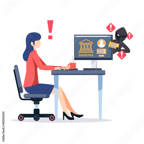 Thief Hacker attacks a businessman by stealing an account banking app. fraud scam and steal private data on devices. vector illustration flat design for cyber security awareness concept.