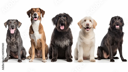 a group of various dog breeds, with happy dispositions, healthy-looking, best friend, Pet-themed, horizontal format, photorealistic illustrations in a JPG. 10:4 aspect. Generative AI 