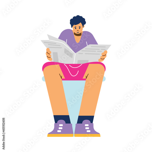 Woman reading newspaper while sitting on toilet bowl, flat vector illustration isolated on white background.