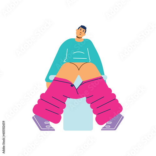 Relaxing smiling boy sitting on toilet bowl front view flat style