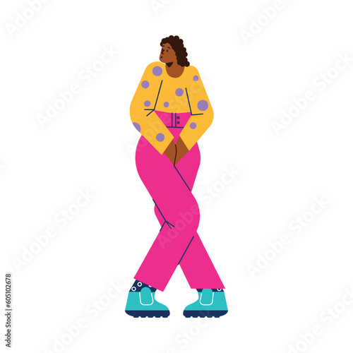 Woman wants to pee and holds her bladder, flat vector illustration isolated on white background.