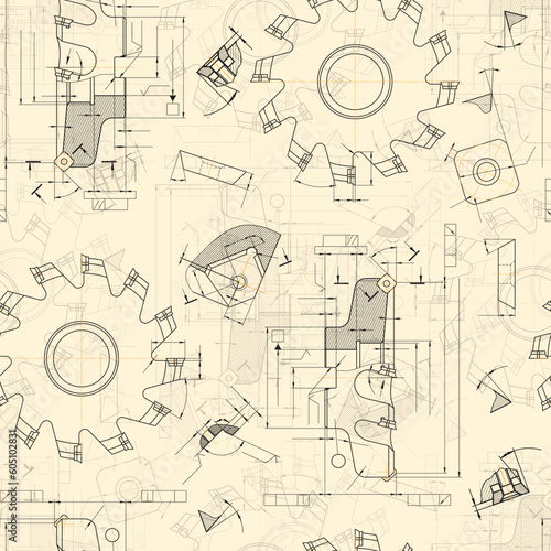 Mechanical engineering drawings on light background. Cutting tools, milling cutter. Technical Design. Cover. Blueprint. Seamless pattern. Vector illustration.