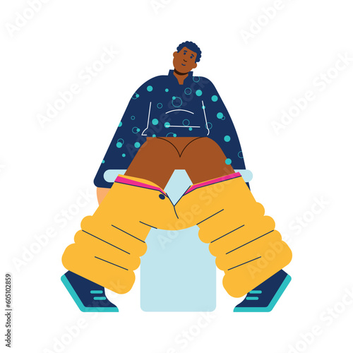 Man sitting on toilet bowl, flat vector illustration isolated on white background.