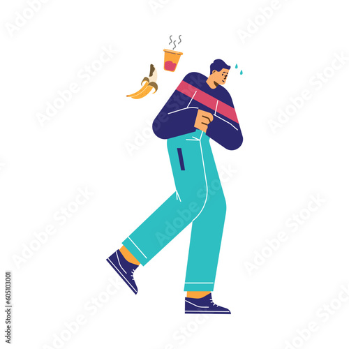 Man running to toilet after food poisoning, diarrhea or constipation - flat vector illustration isolated on white.