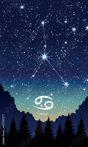 Cancer zodiac sign, horoscope constellation in the night sky, landscape vertical template for stories. Template for astrology, fortune teller, astronomical calendar. Modern vector illustration.