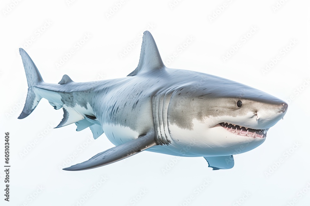 a Great White Shark, swimming, 3/4 view, Aquatic-themed, horizontal format, photorealistic illustrations on a transparent background cutout in PNG. Generative ai a Great White Shark, swimming, 3/4 view, Aquatic-themed, horizontal format, photorealistic illustrations on a transparent background cutout in PNG. Generative ai