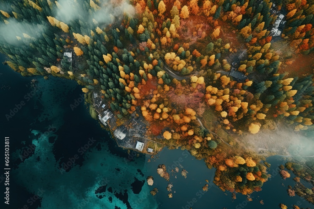Aerial wide angle flying over beautiful natural landscape at day using generative AI