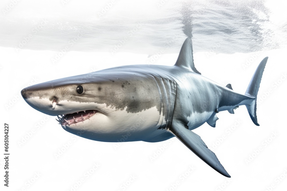 Obraz premium a Great White Shark, swimming, 3/4 view, Aquatic-themed, horizontal format, photorealistic illustrations on a transparent background cutout in PNG. Generative ai