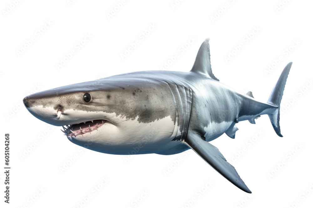 Fototapeta premium a Great White Shark, swimming, 3/4 view, Aquatic-themed, horizontal format, photorealistic illustrations on a transparent background cutout in PNG. Generative ai