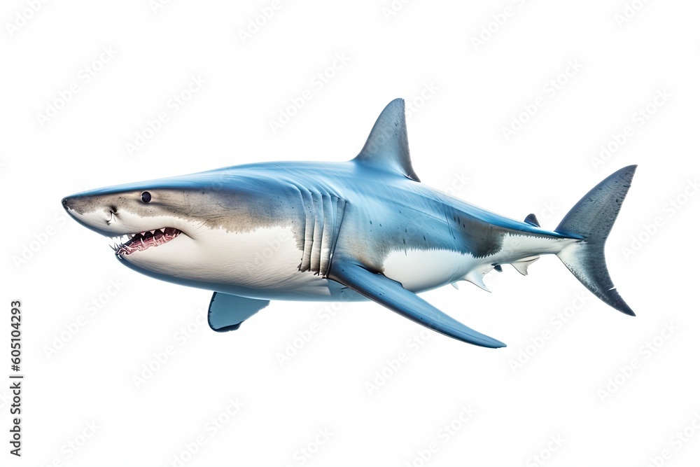 Fototapeta premium a Great White Shark, swimming, ocean predator, Aquatic-themed, horizontal format, photorealistic illustrations on a transparent background cutout in PNG. Generative ai