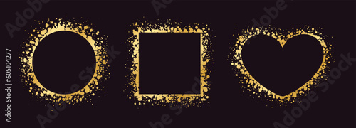 Abstract Gold Ink Splatter Frame Set. Golden foil spray geometric border template.