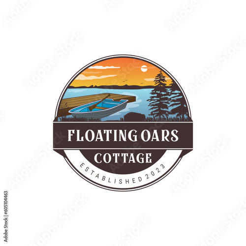 Logo emblem with illustration of a small boat on a lake in the evening
