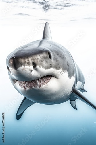 a Great White Shark  swimming  front view   Aquatic-themed  horizontal format  photorealistic illustrations on a transparent background cutout in PNG. Generative ai