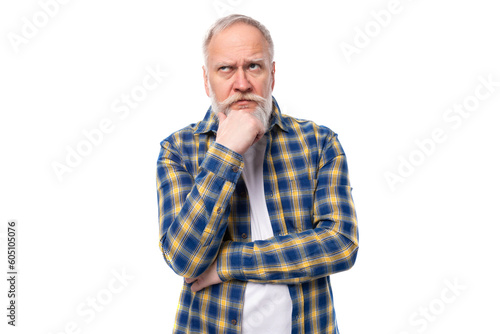 smart 50s mid aged gray-haired man with beard on white background