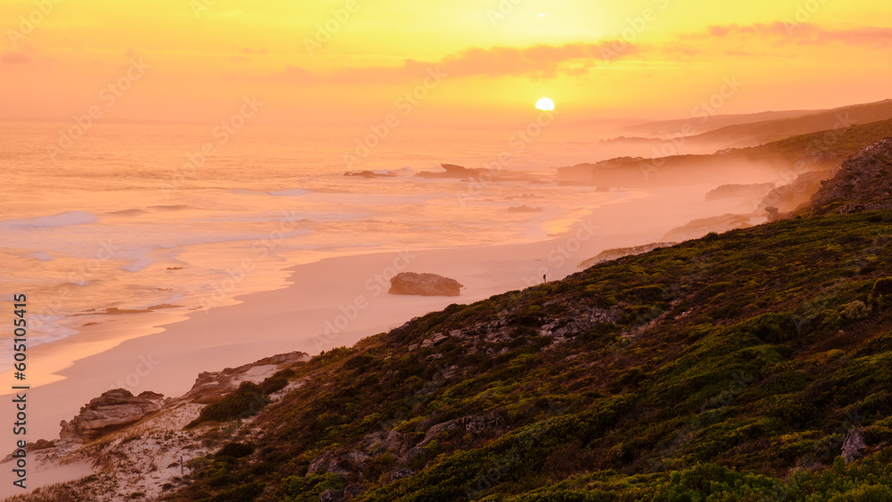 Sunset at De Hoop Nature Reserve South Africa Western Cape, the most beautiful beach in South Africa with the white dunes at the de hoop nature reserve which is part of the garden route. 
