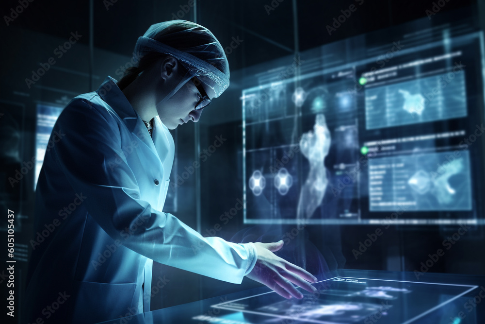 Future medicine. Medicine doctor using digital medical futuristic interface. Molecular fluorescent neuron network and DNA is used in medicine. Healthcare, analysis, diagnose, laboratory Future medicine. Medicine doctor using digital medical futuristic interface. Molecular fluorescent neuron network and DNA is used in medicine. Healthcare, analysis, diagnose, laboratory