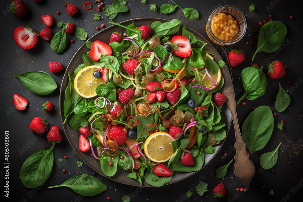 Spring Strawberry salad. Spinach & leaves, sliced strawberries, nuts, feta cheese on Black background. Healthy food concept. Flat lay, Top view. Generative AI