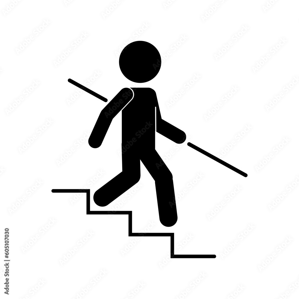Isolated illustration of black stick man walking or climbing down stair or ladder with handrail, graphic resource for safety building sign, indoor information label Isolated illustration of black stick man walking or climbing down stair or ladder with handrail, graphic resource for safety building sign, indoor information label